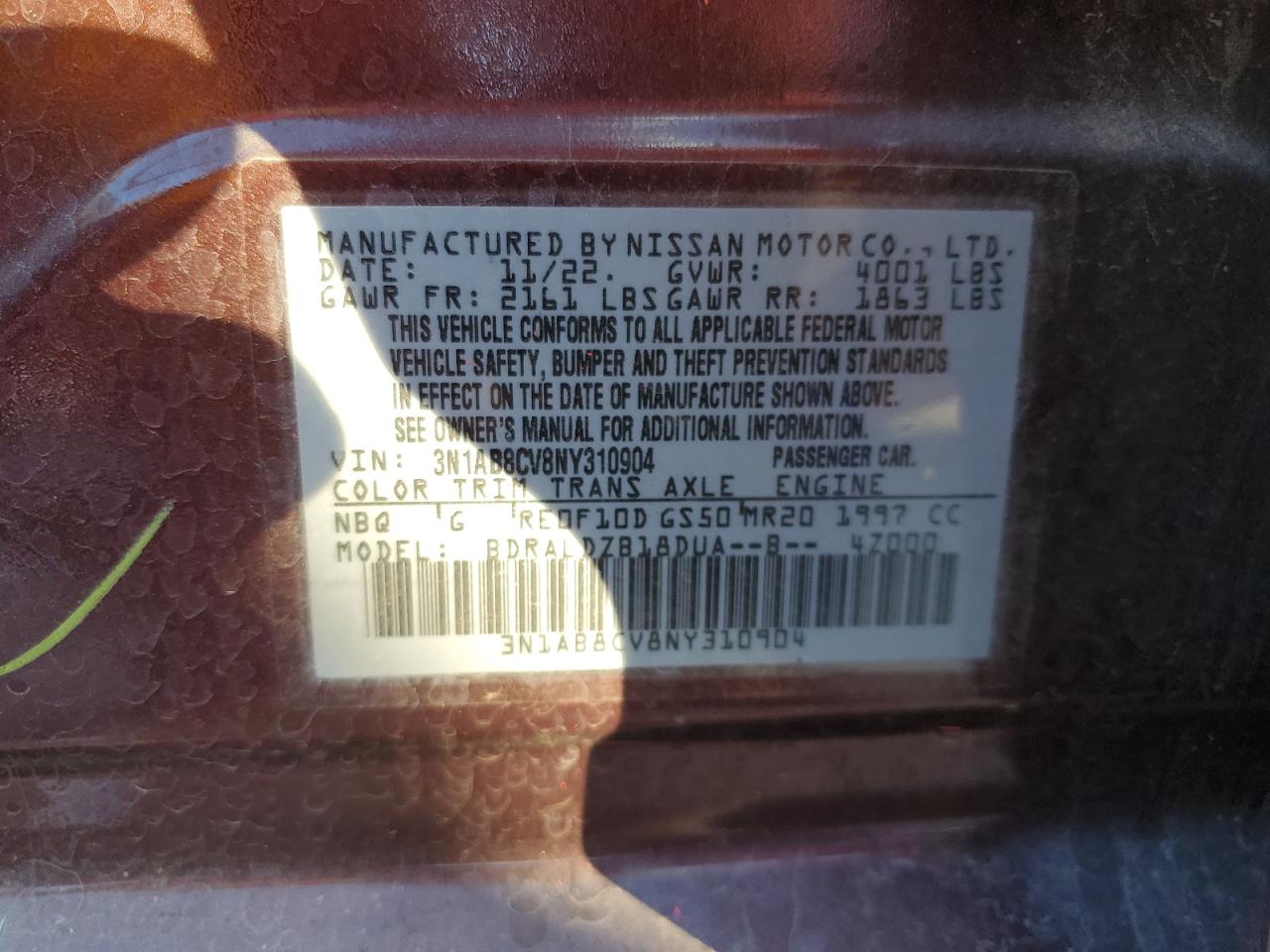 2022 NISSAN SENTRA SV VIN:3N1AB8CV8NY310904