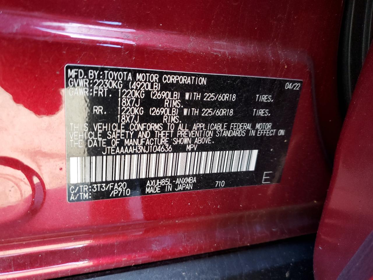 2022 TOYOTA VENZA LE VIN:JTEAAAAH3NJ104636