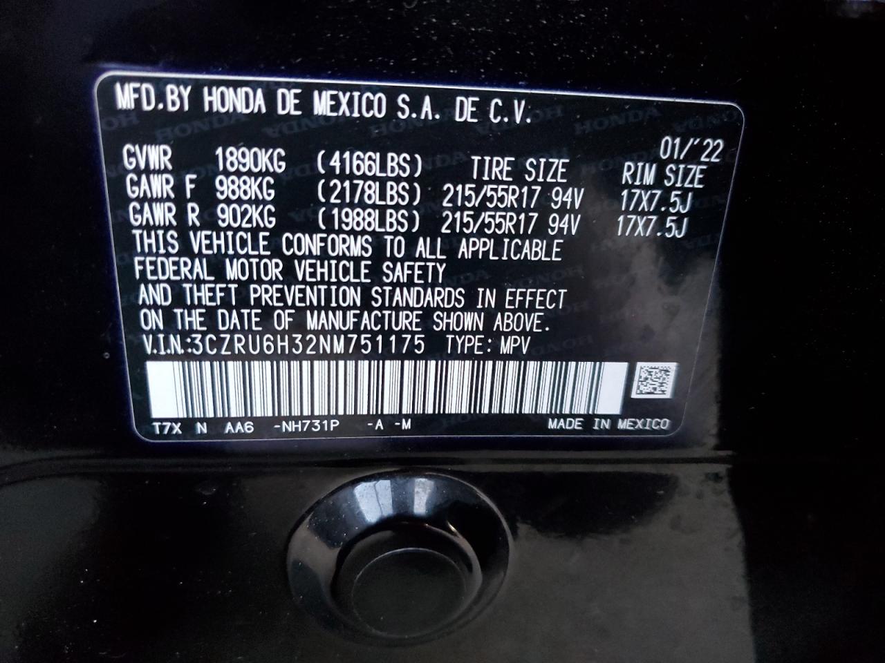 2022 HONDA HR-V LX VIN:3CZRU6H32NM751175