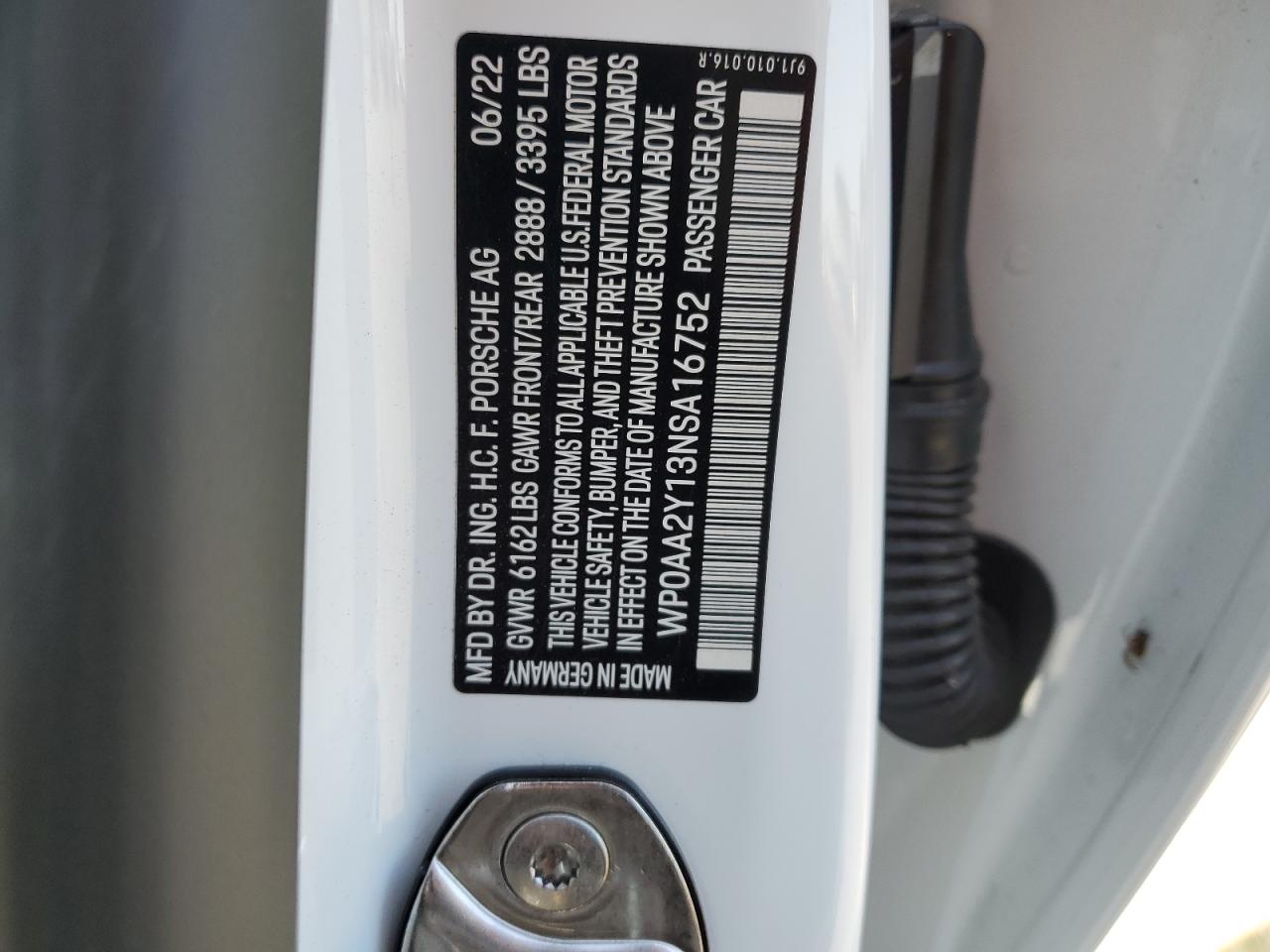 2022 PORSCHE TAYCAN VIN:WP0AA2Y13NSA16752