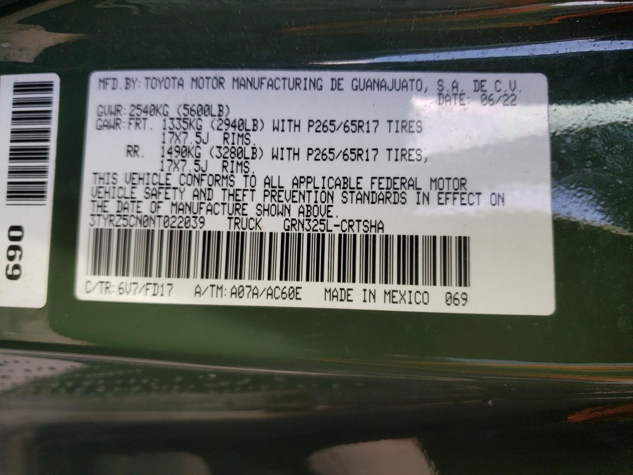 2022 TOYOTA TACOMA ACCESS CAB VIN:3TYRZ5CN0NT022039