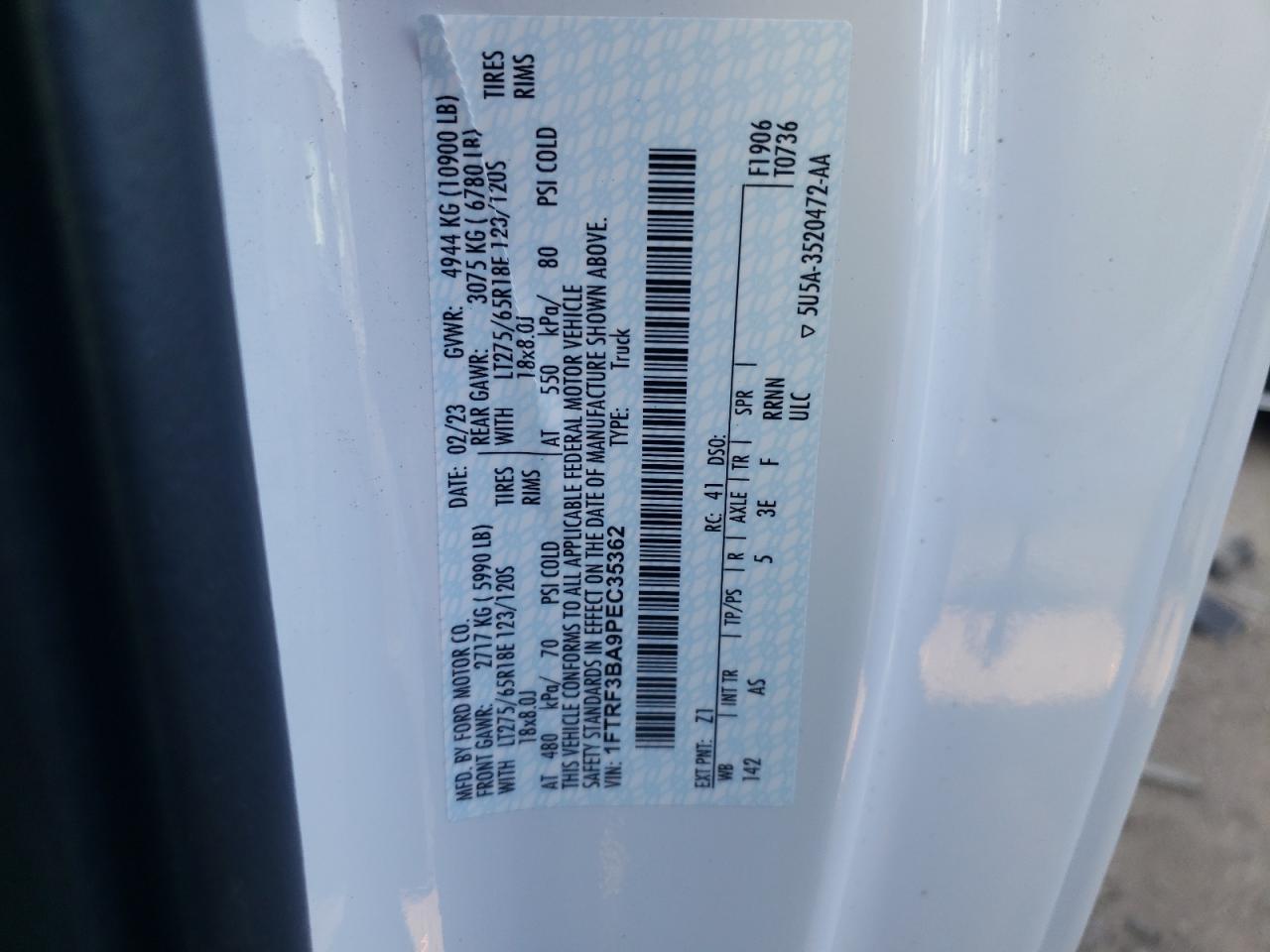 2023 FORD F350 SUPER DUTY VIN:1FTRF3BA9PEC35362