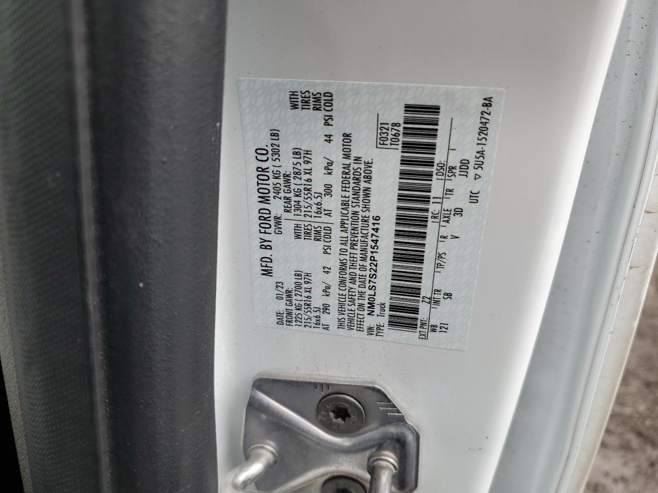 2023 FORD TRANSIT CONNECT XL VIN:NM0LS7S22P1547416