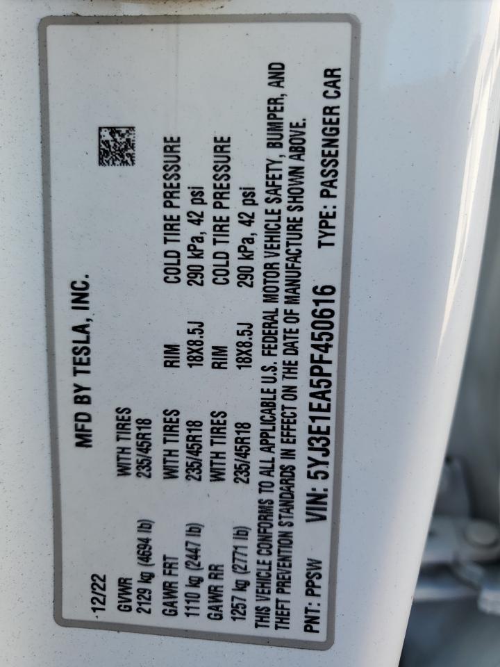 2023 TESLA MODEL 3 VIN:5YJ3E1EA5PF450616