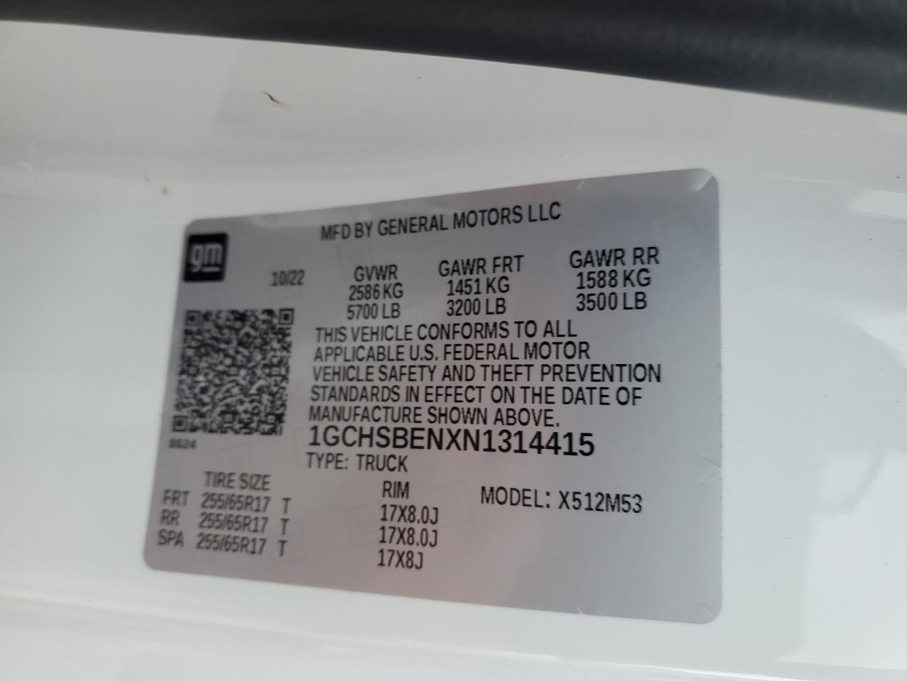 2022 CHEVROLET COLORADO VIN:1GCHSBENXN1314415