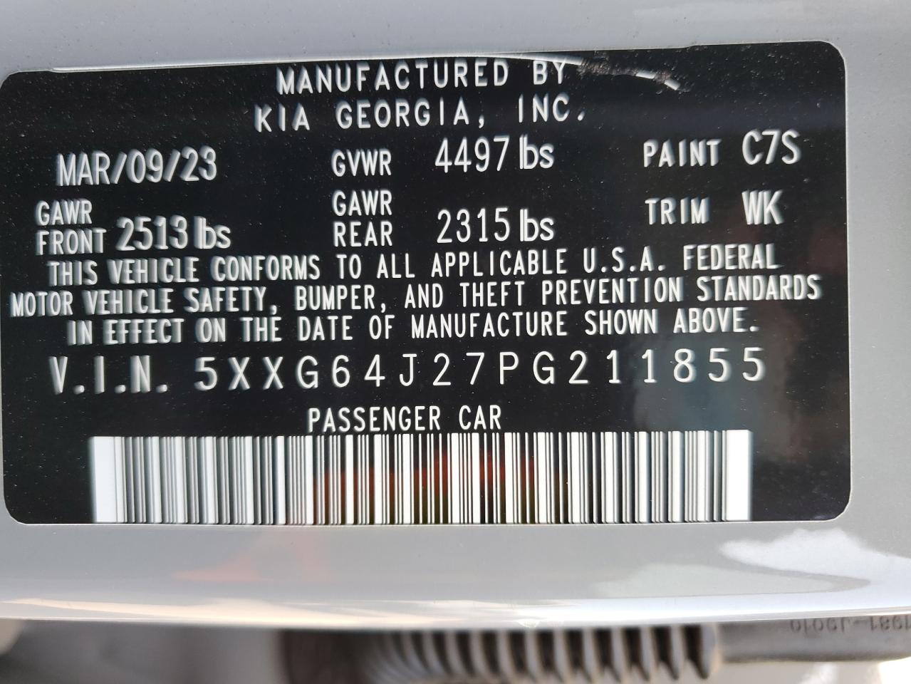 2023 KIA K5 GT LINE VIN:5XXG64J27PG211855