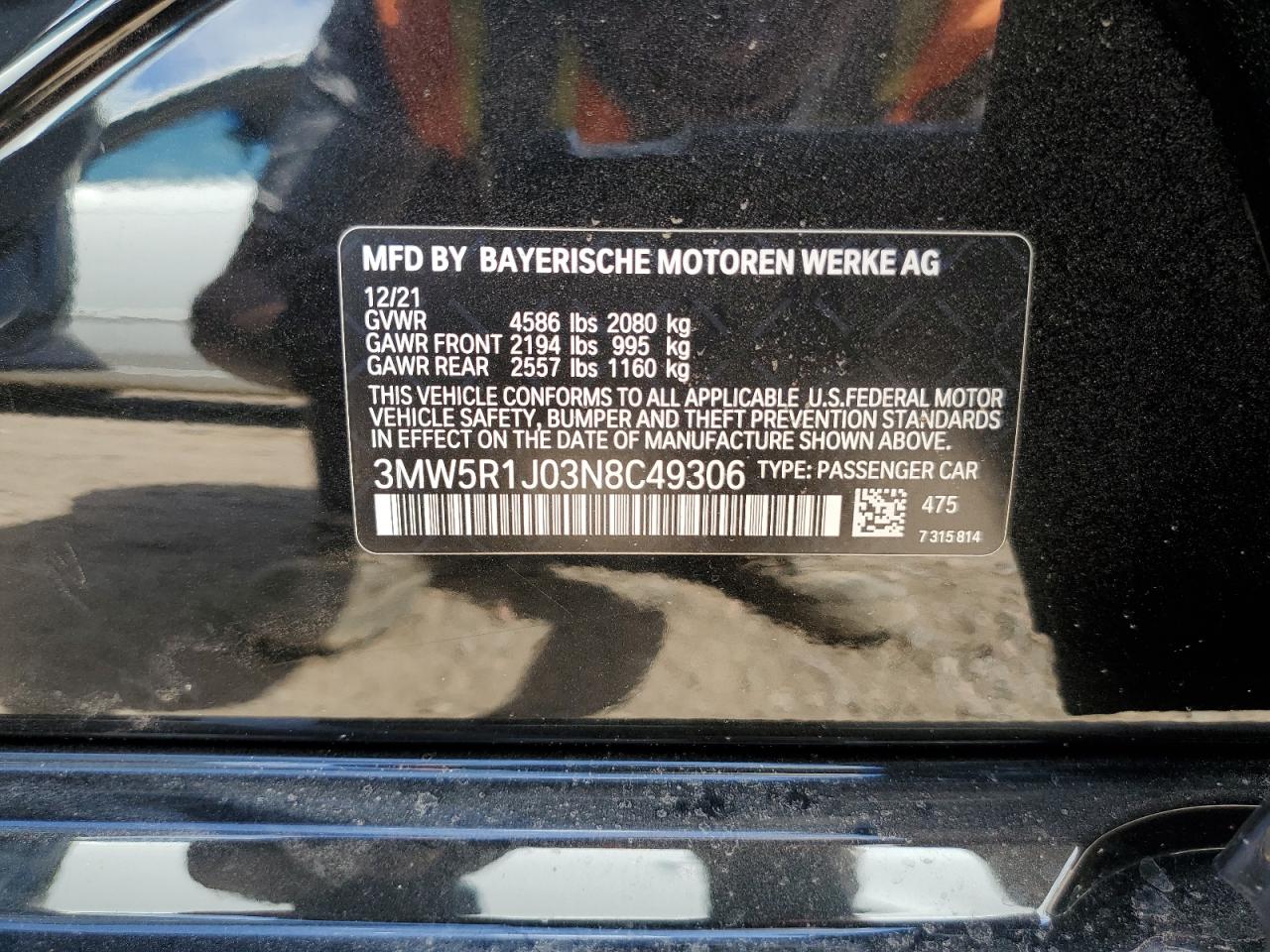 2022 BMW 330I VIN:3MW5R1J03N8C49306