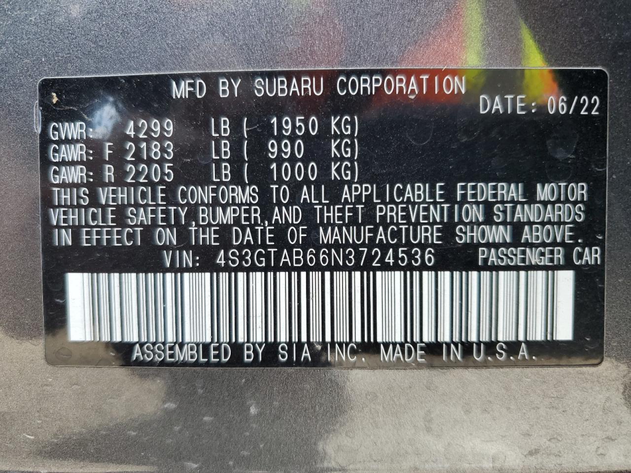 2022 SUBARU IMPREZA VIN:4S3GTAB66N3724536