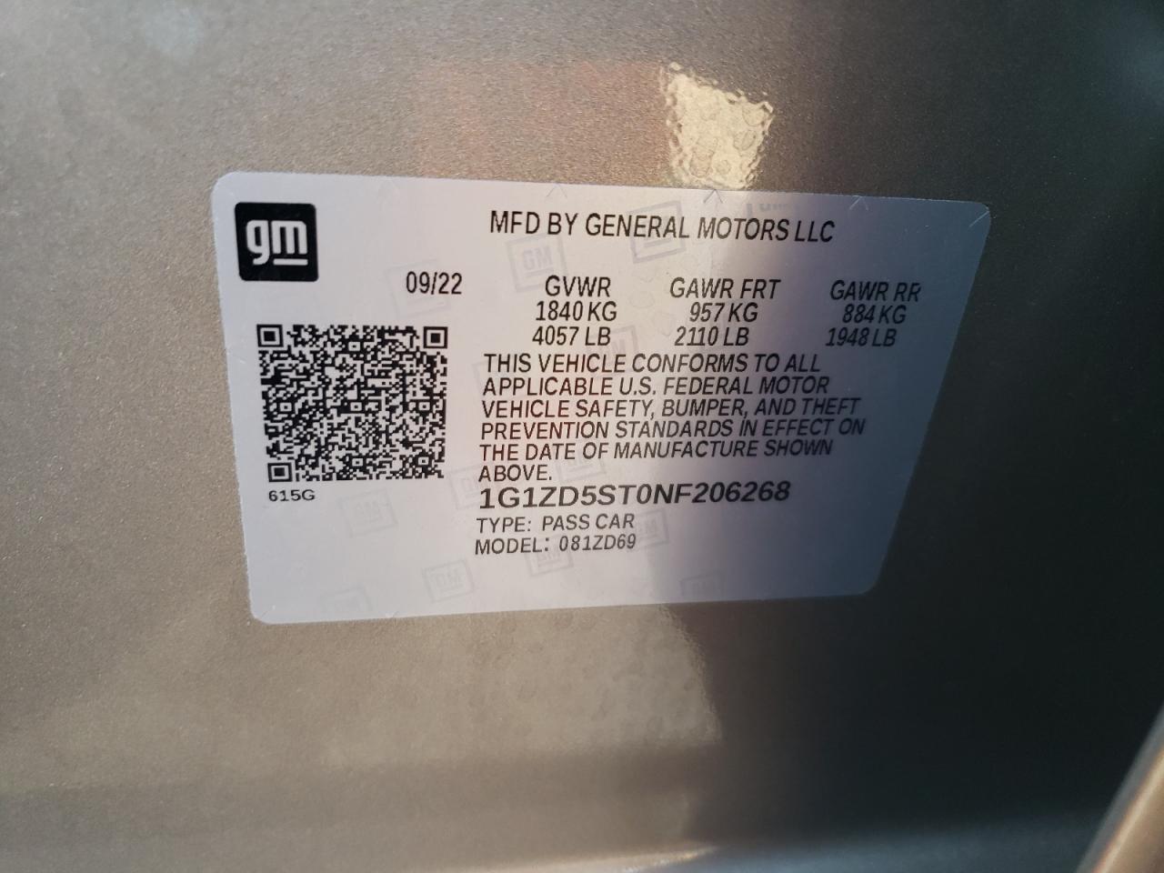 2022 CHEVROLET MALIBU LT VIN:1G1ZD5ST0NF206268