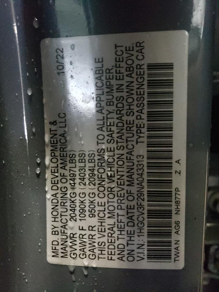 2022 HONDA ACCORD HYBRID SPORT VIN:1HGCV3F29NA043313