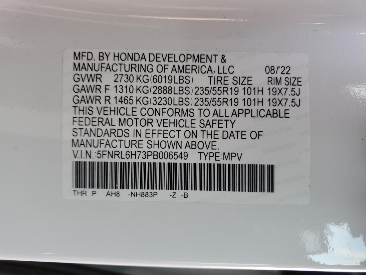 2023 HONDA ODYSSEY SPORT-L VIN:5FNRL6H73PB006549