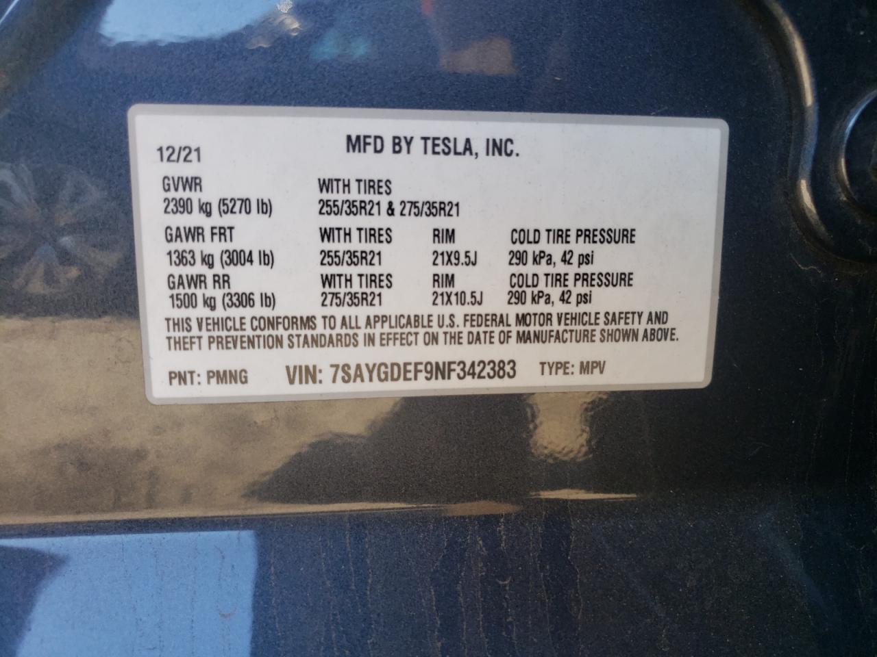 2022 TESLA MODEL Y VIN:7SAYGDEF9NF342383