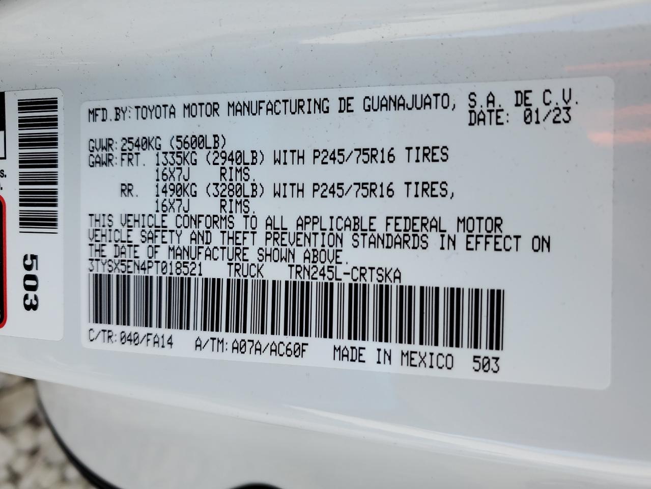 2023 TOYOTA TACOMA ACCESS CAB VIN:3TYSX5EN4PT018521