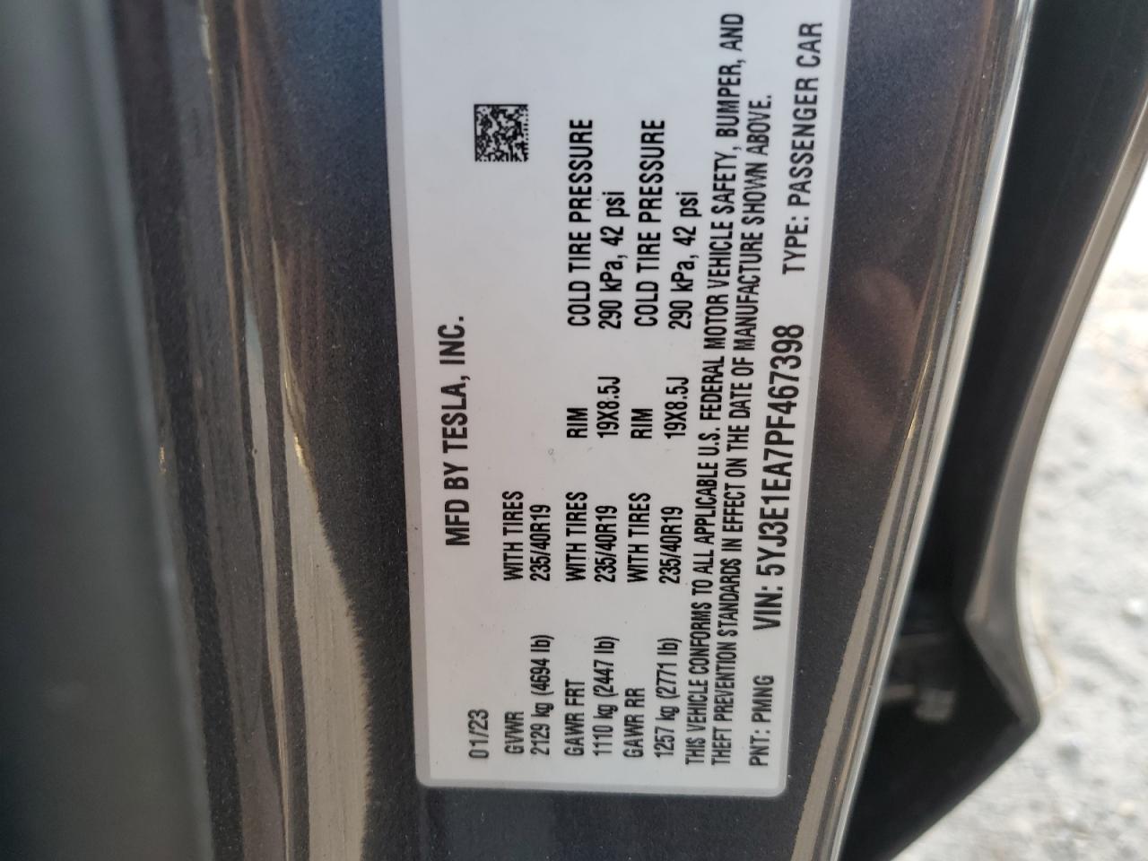 2023 TESLA MODEL 3 VIN:5YJ3E1EA7PF467398