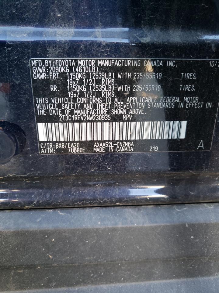 2022 TOYOTA RAV4 XLE PREMIUM VIN:2T3C1RFV2NW230935