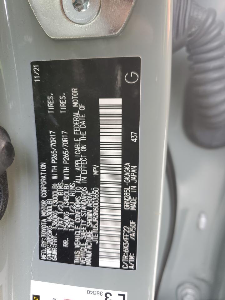 2022 TOYOTA 4RUNNER TRAIL VIN:JTETU5JR3N6003650