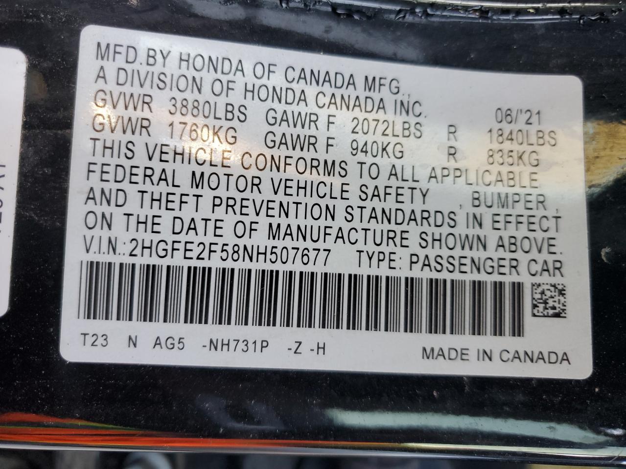 2022 HONDA CIVIC SPORT VIN:2HGFE2F58NH507677
