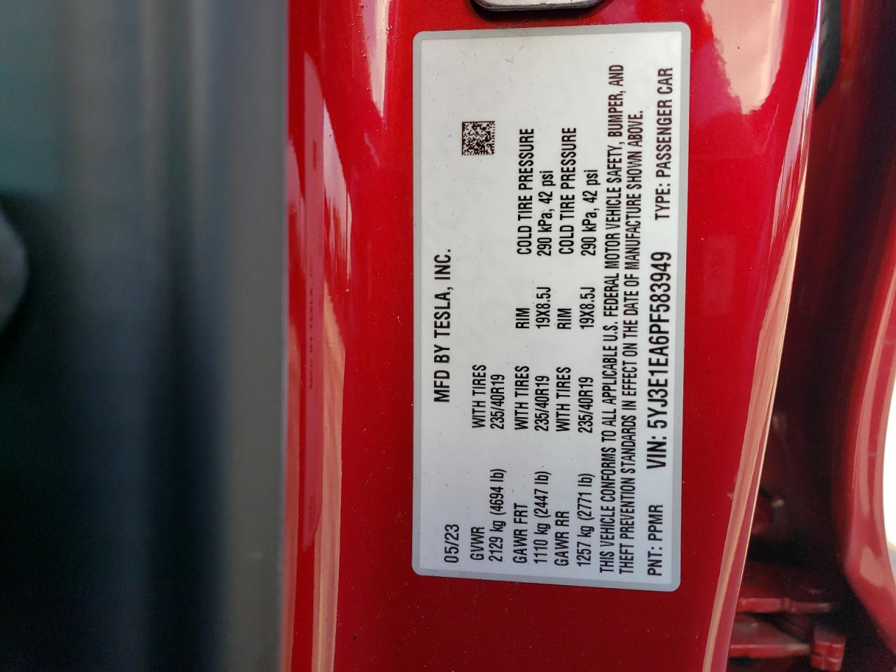 2023 TESLA MODEL 3 VIN:5YJ3E1EA6PF583949