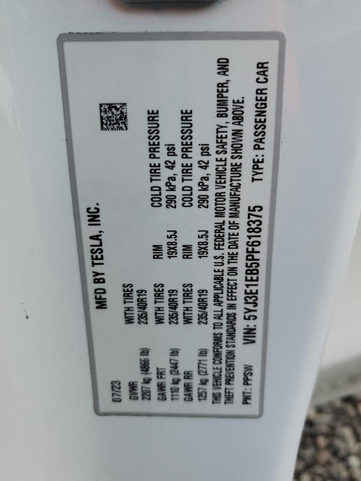 2023 TESLA MODEL 3 VIN:5YJ3E1EB5PF618375