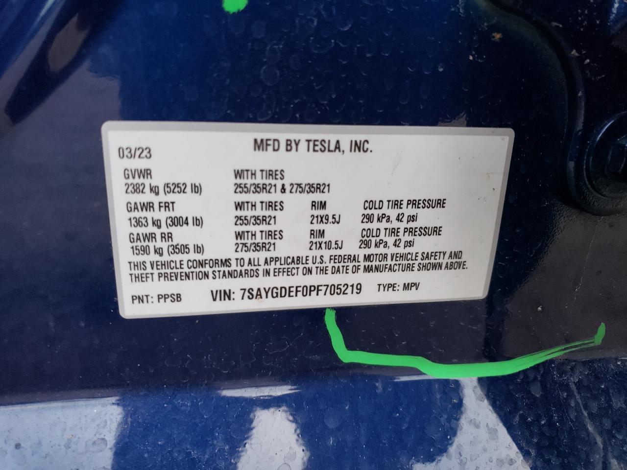 2023 TESLA MODEL Y VIN:7SAYGDEF0PF705219