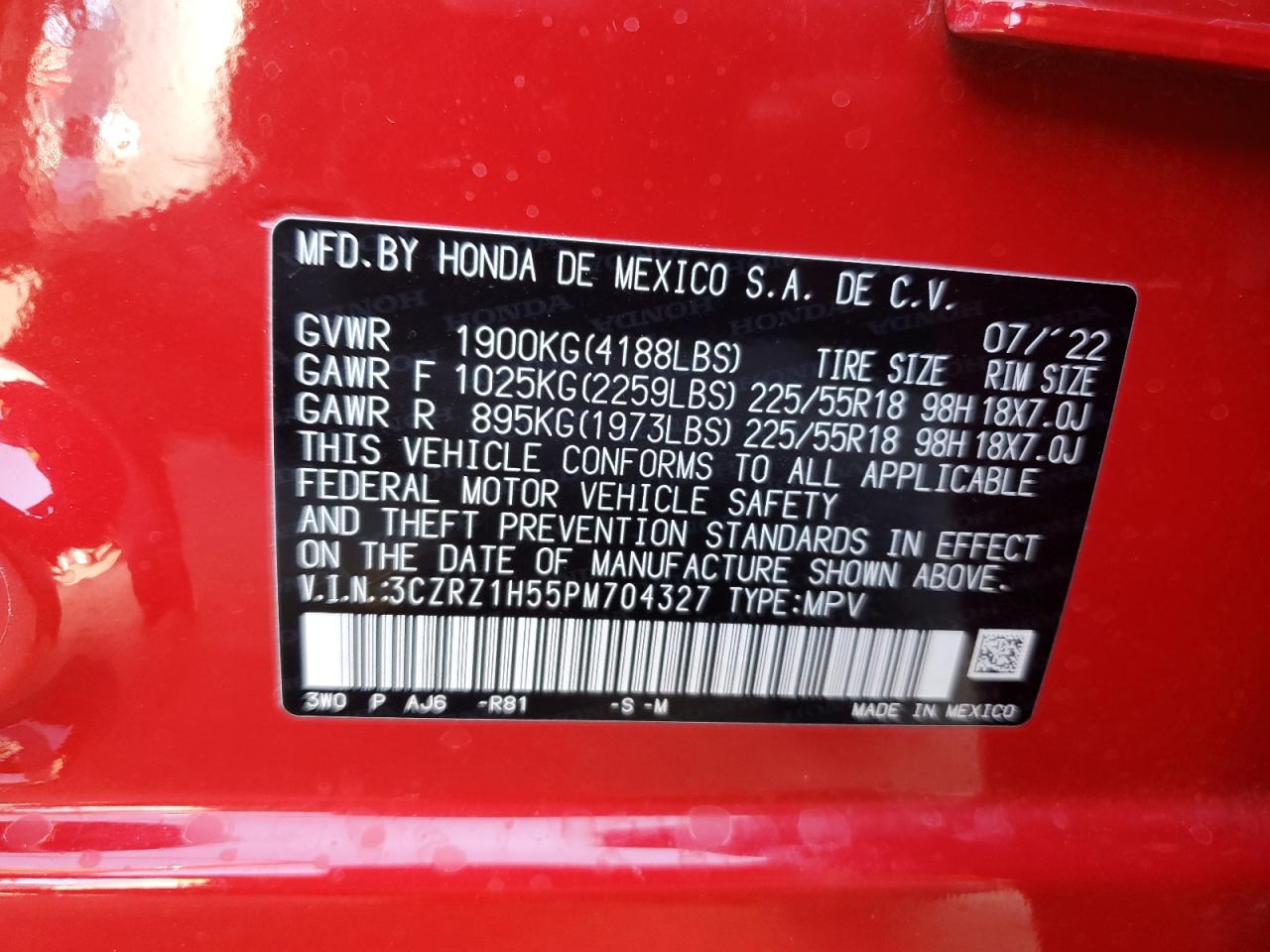 2023 HONDA HR-V SPORT VIN:3CZRZ1H55PM704327