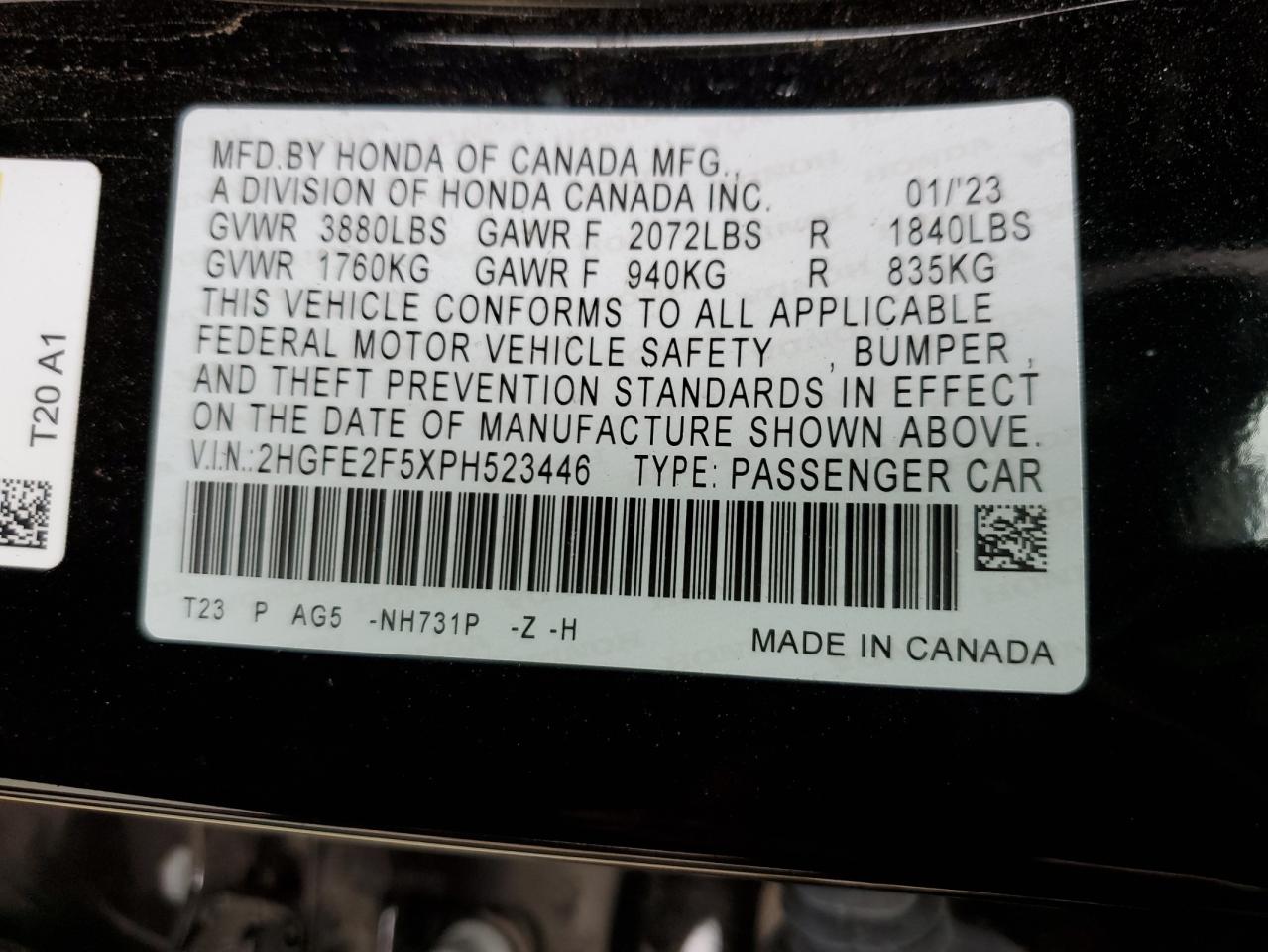 2023 HONDA CIVIC SPORT VIN:2HGFE2F5XPH523446