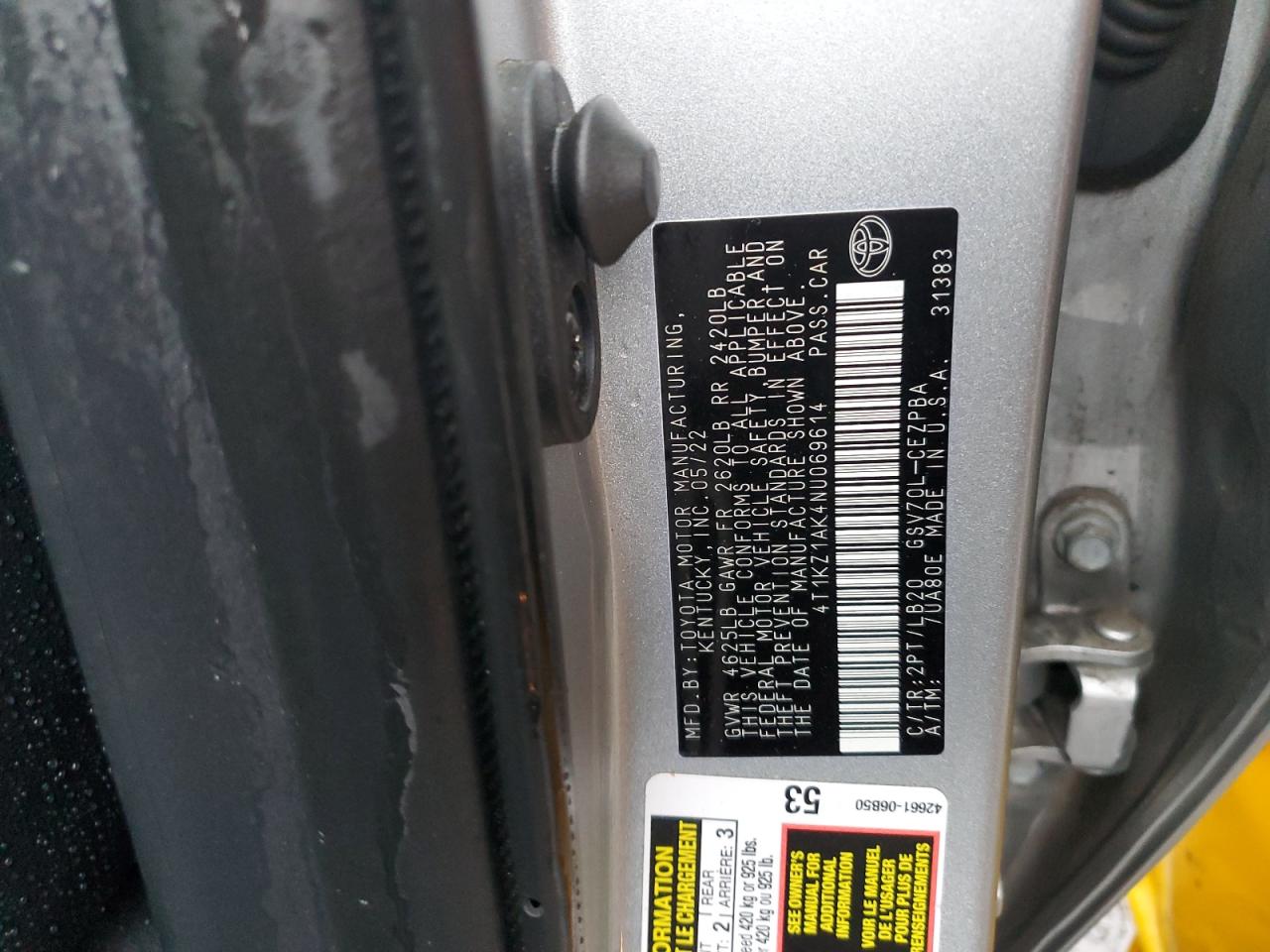 2022 TOYOTA CAMRY TRD VIN:4T1KZ1AK4NU069614