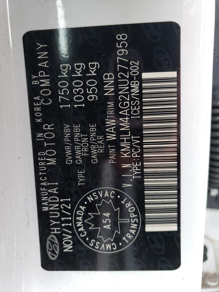 2022 HYUNDAI ELANTRA SEL VIN:KMHLM4AG2NU277958