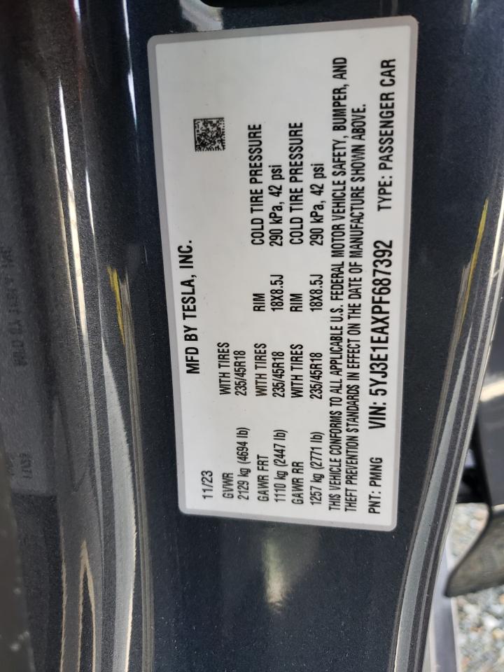 2023 TESLA MODEL 3 VIN:5YJ3E1EAXPF687392