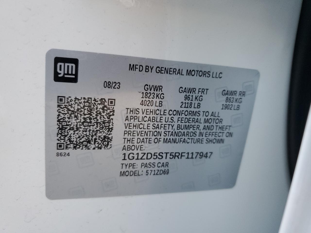 2024 CHEVROLET MALIBU LT VIN:1G1ZD5ST5RF117947