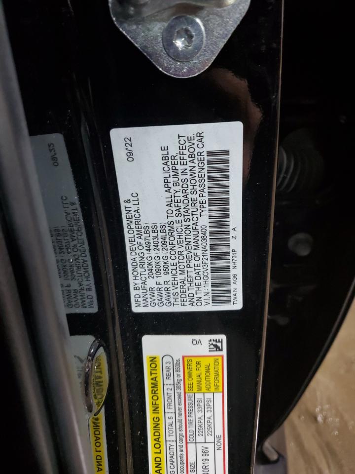 2022 HONDA ACCORD HYBRID SPORT VIN:1HGCV3F21NA038400