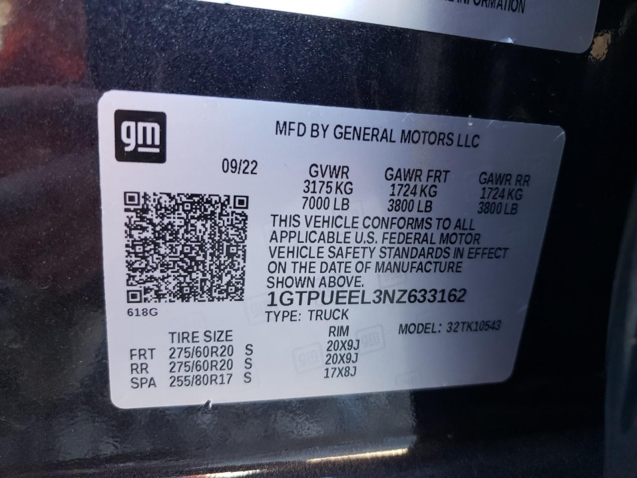 2022 GMC SIERRA K1500 AT4 VIN:1GTPUEEL3NZ633162