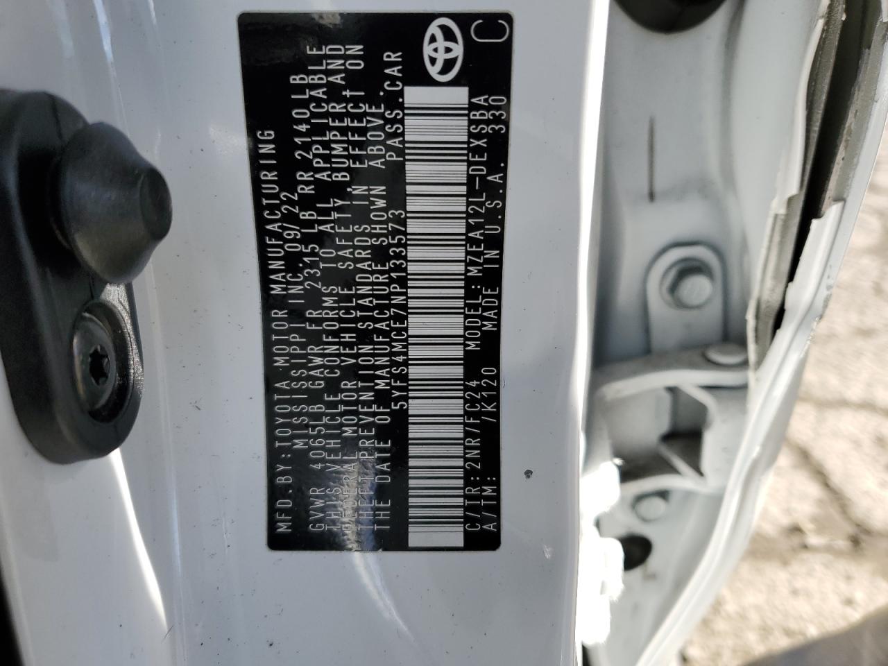 2022 TOYOTA COROLLA SE VIN:5YFS4MCE7NP133573