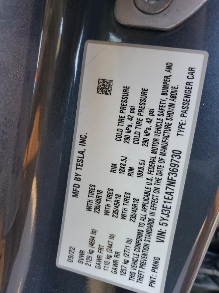2022 TESLA MODEL 3 VIN:5YJ3E1EA7NF369730