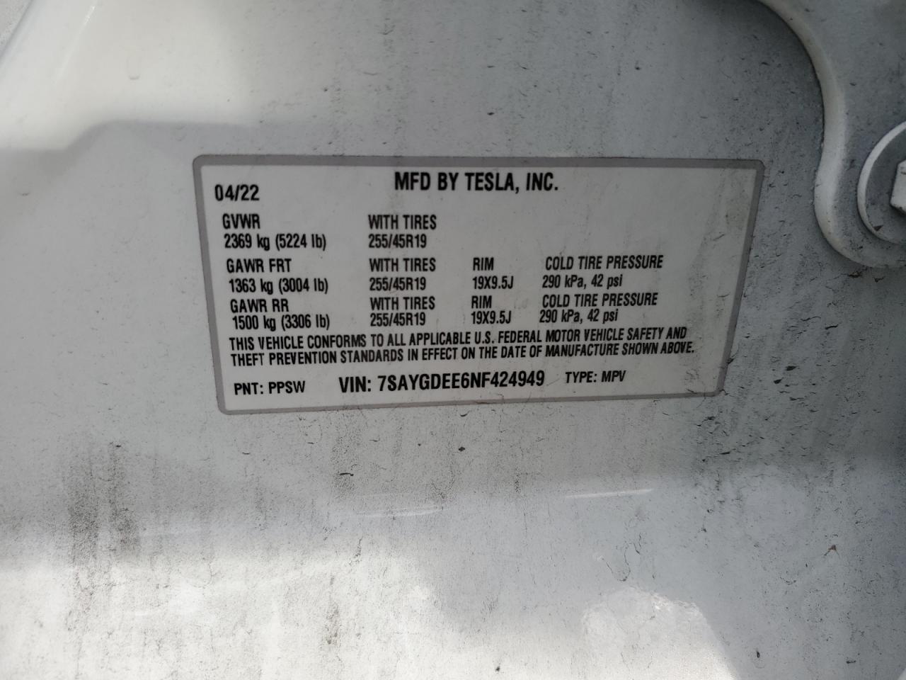 2022 TESLA MODEL Y VIN:7SAYGDEE6NF424949