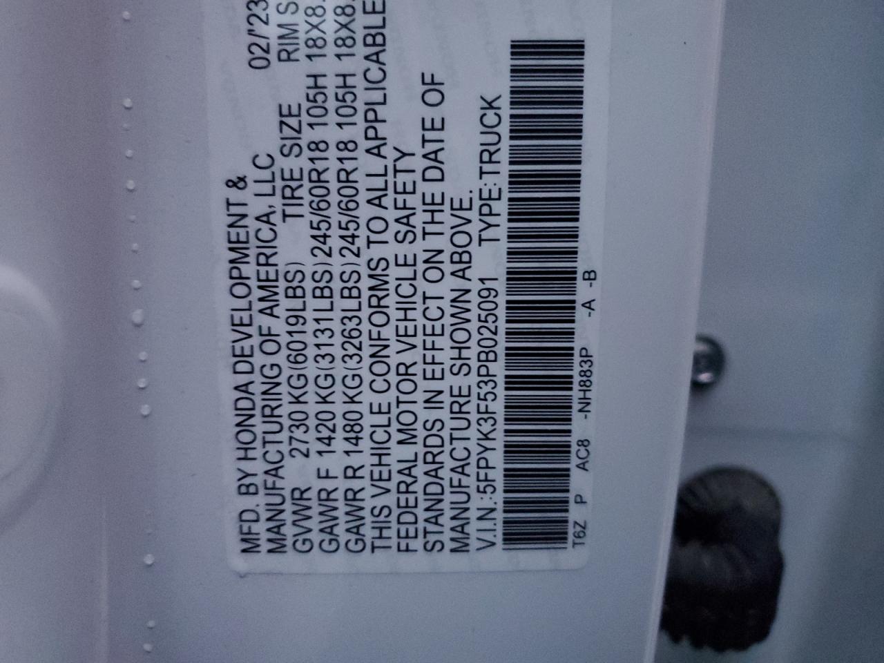 2023 HONDA RIDGELINE RTL VIN:5FPYK3F53PB025091