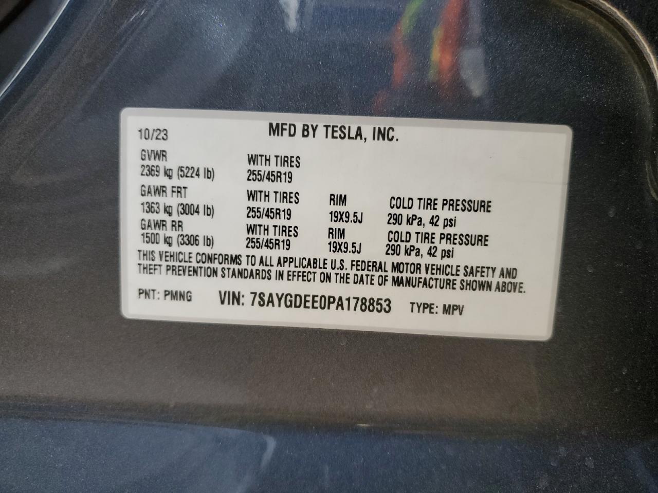 2023 TESLA MODEL Y VIN:7SAYGDEE0PA178853