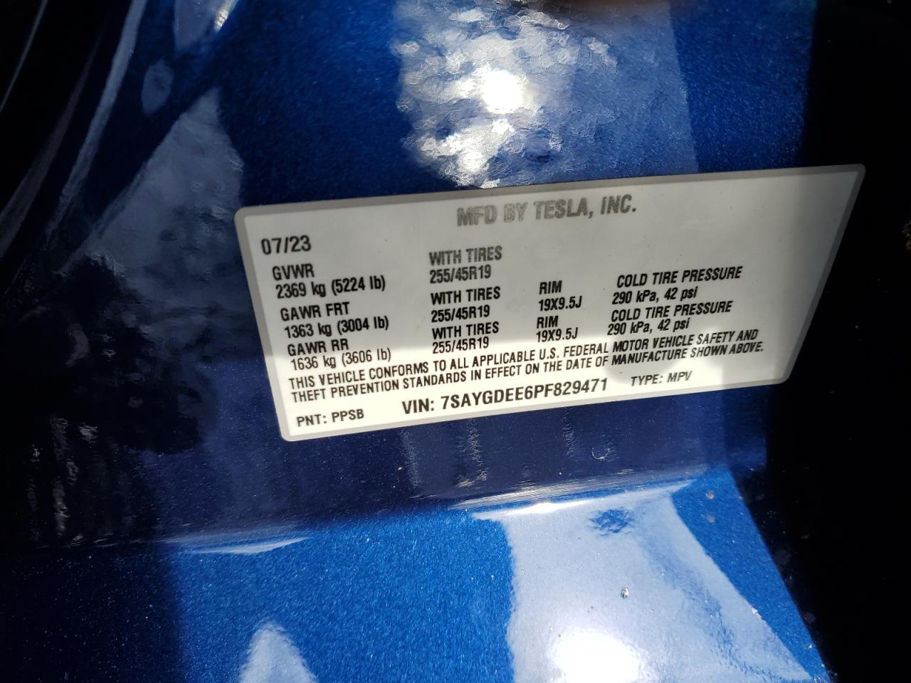 2023 TESLA MODEL Y VIN:7SAYGDEE6PF829471