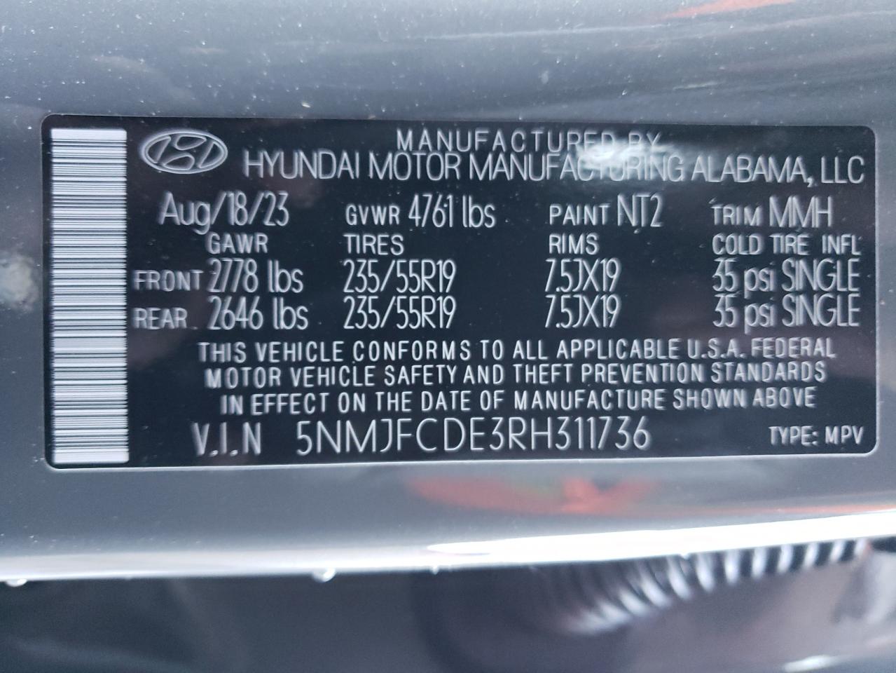 2024 HYUNDAI TUCSON SEL VIN:5NMJFCDE3RH311736