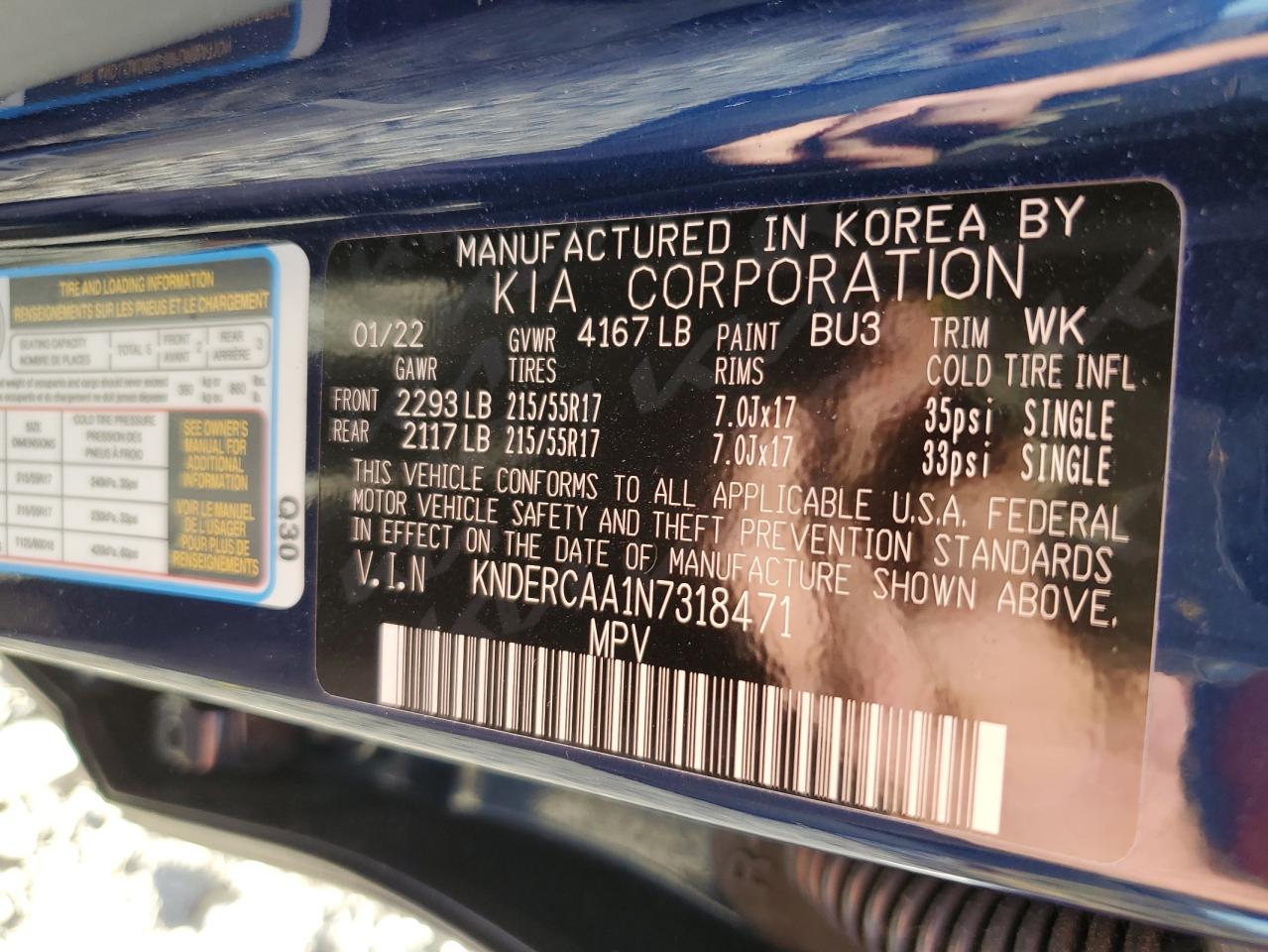 2022 KIA SELTOS EX VIN:KNDERCAA1N7318471