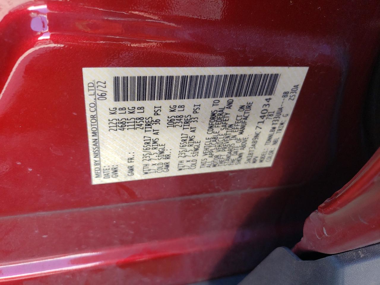 2022 NISSAN ROGUE S VIN:5N1BT3AB9NC714034