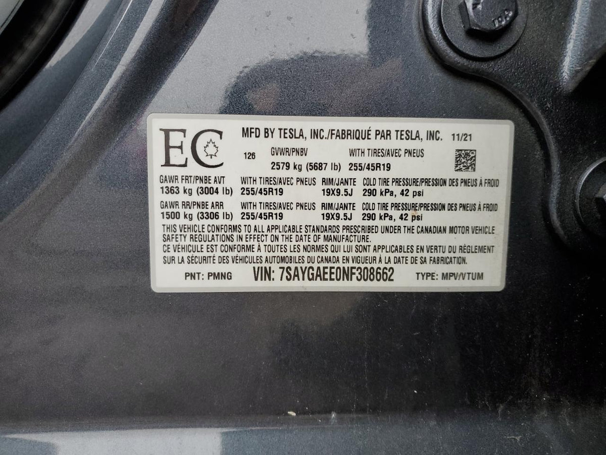 2022 TESLA MODEL Y VIN:7SAYGAEE0NF308662