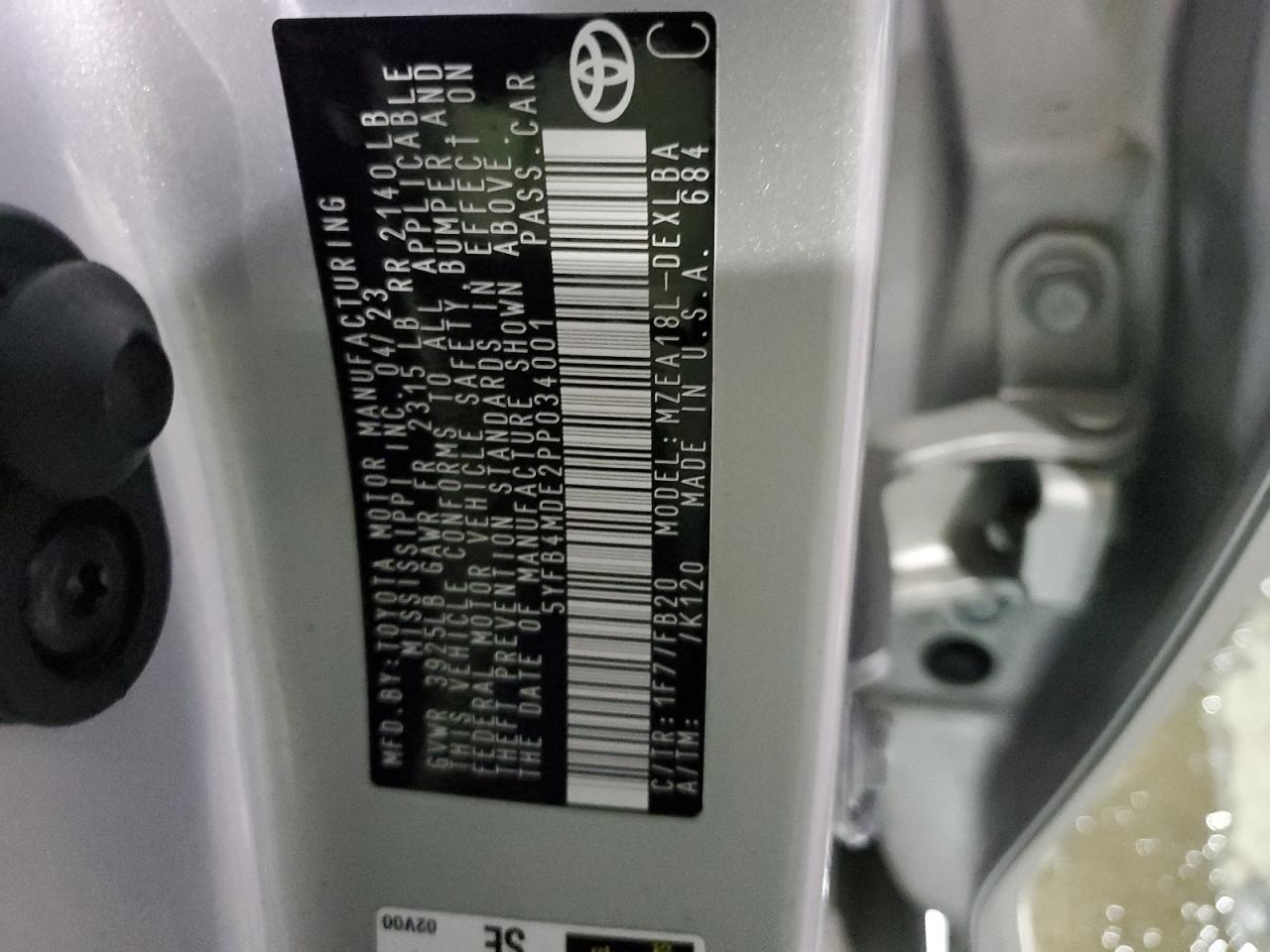 2023 TOYOTA COROLLA LE VIN:5YFB4MDE2PP034001