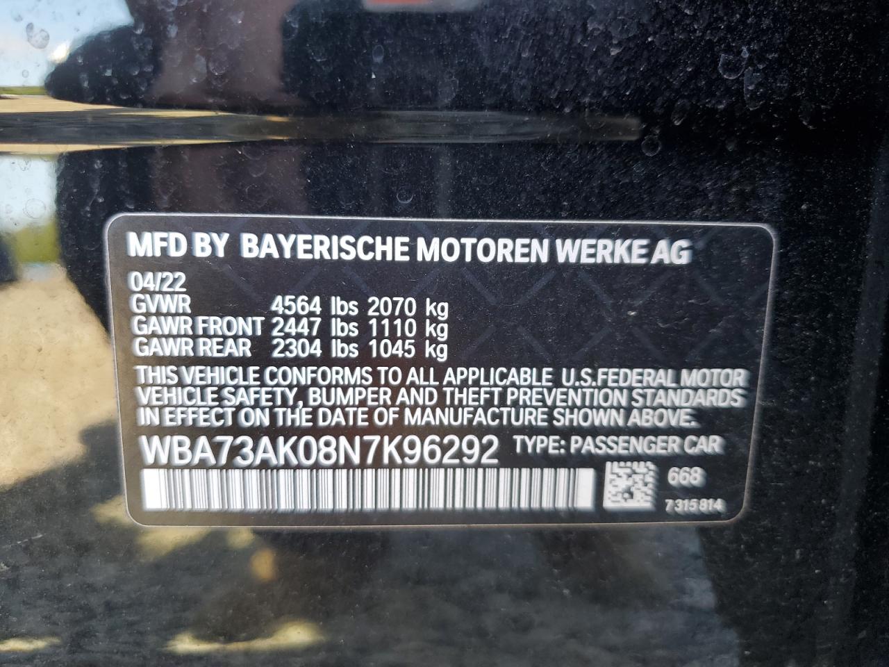 2022 BMW 228XI VIN:WBA73AK08N7K96292
