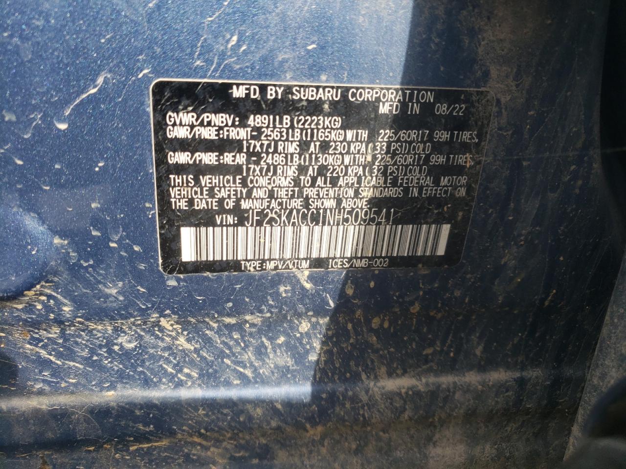 2022 SUBARU FORESTER VIN:JF2SKACC1NH509541