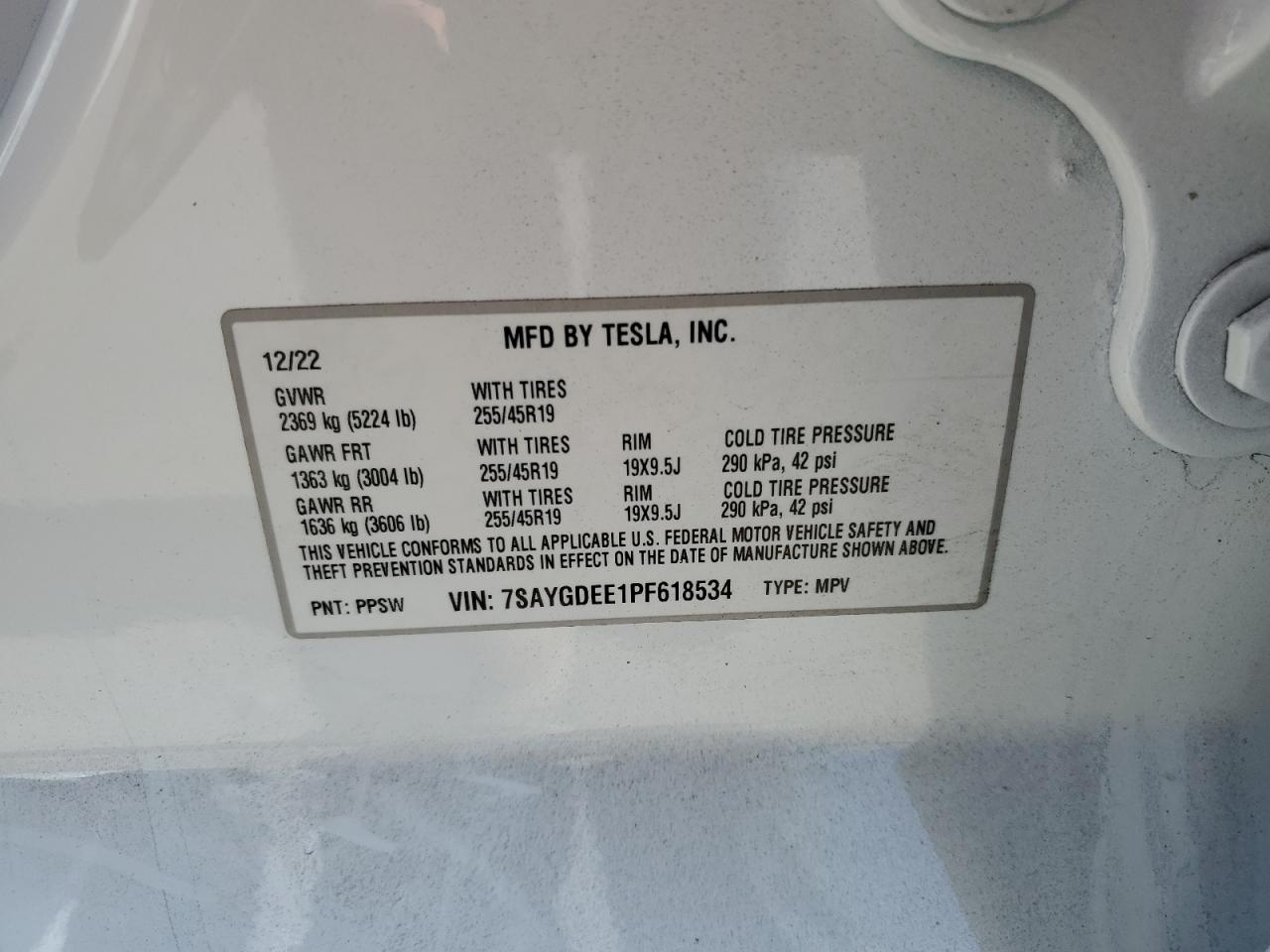 2023 TESLA MODEL Y VIN:7SAYGDEE1PF618534