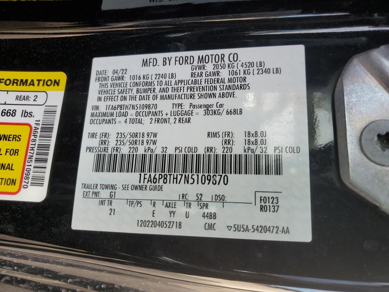 2022 FORD MUSTANG VIN:1FA6P8TH7N5109870