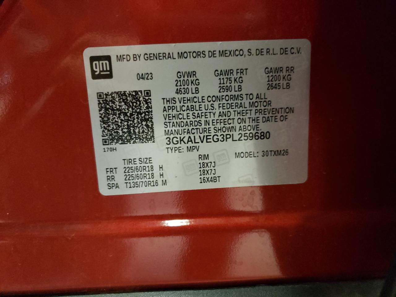 2023 GMC TERRAIN SLT VIN:3GKALVEG3PL259680