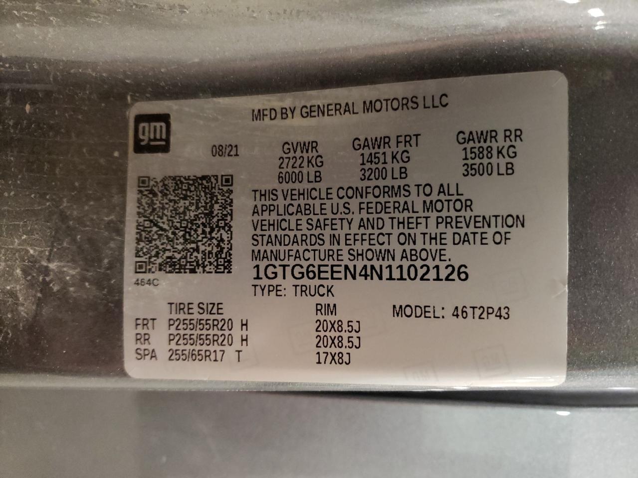 2022 GMC CANYON DENALI VIN:1GTG6EEN4N1102126