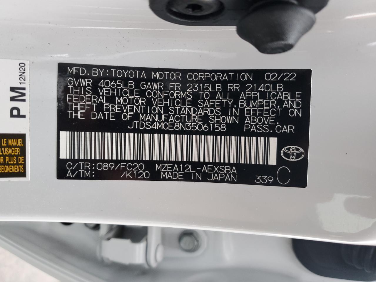2022 TOYOTA COROLLA SE VIN:JTDS4MCE8N3506158